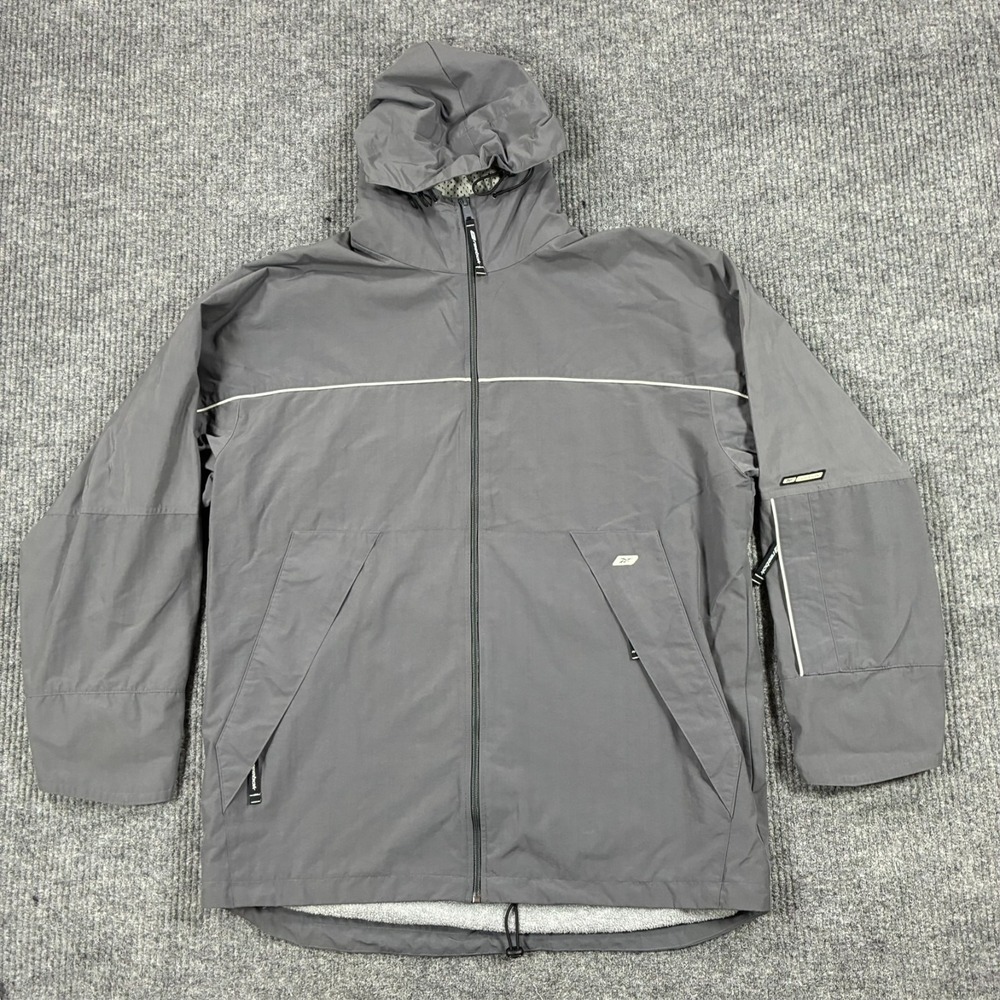 Vintage Y2K Reebok Mens L Gray Hooded Jacket Full Zip Reflective Fleece Lined